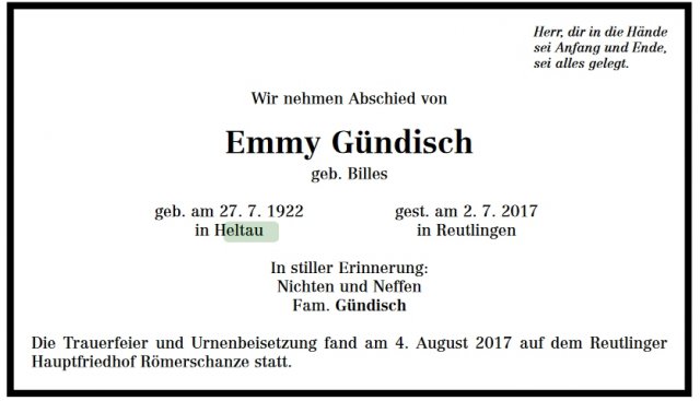 Billes Emmy 1922-2017 Todesanzeige